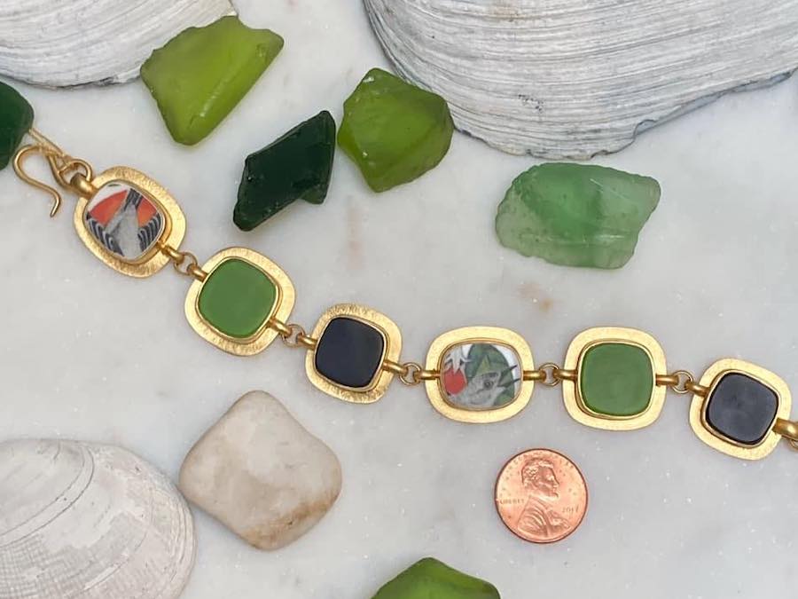 Green sea glass and gold jewelry from Artisana Functional Art