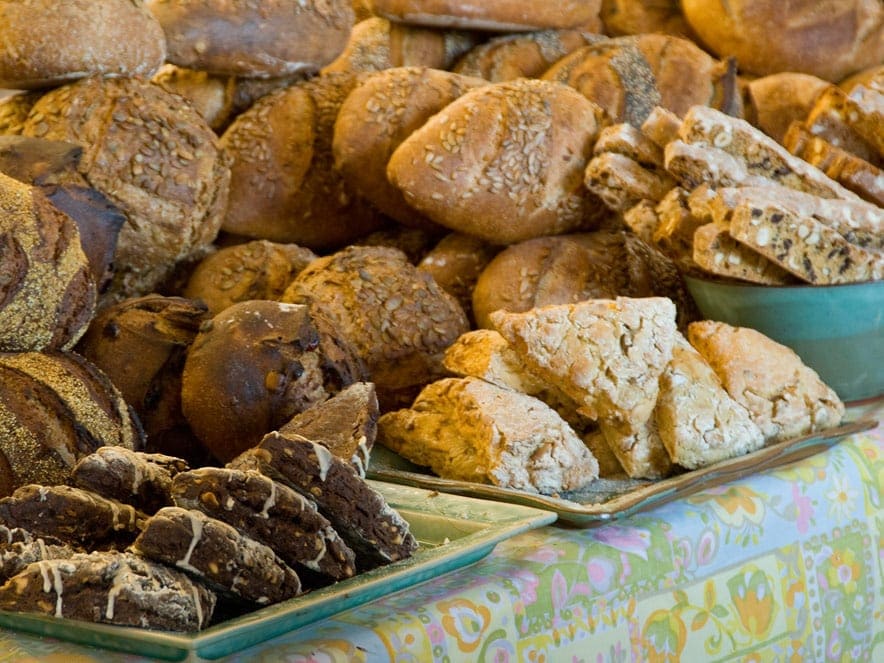 Bread on plates at Wild Flour Bread in Sonoma County