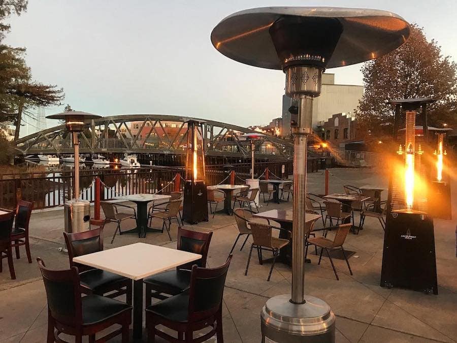 Patio beside the Petaluma River at Cucina Paradiso restaurant 