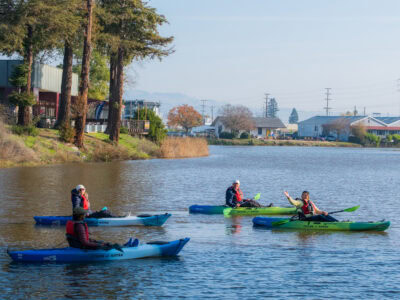 group floating down the petaluma river in kayaks