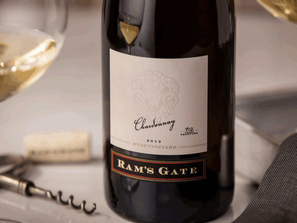 bottle of chardonnay from rams ate winery in sonoma county