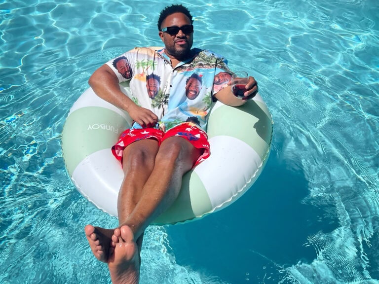traveler enjoying the pool at dawn ranch
