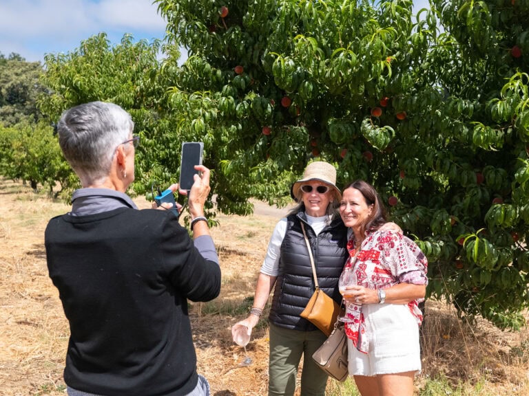group of people enjoying the peach farm in dry creek during their culinary experience