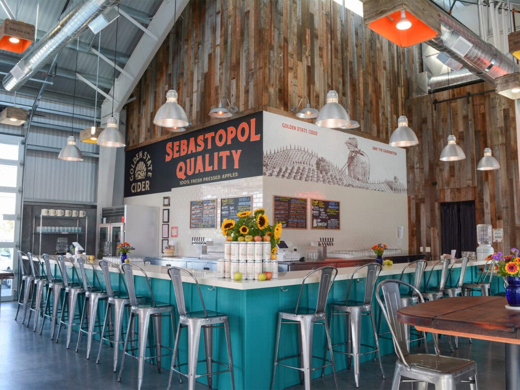 beautiful bar seating at golden state cider in the barlow sebastopol