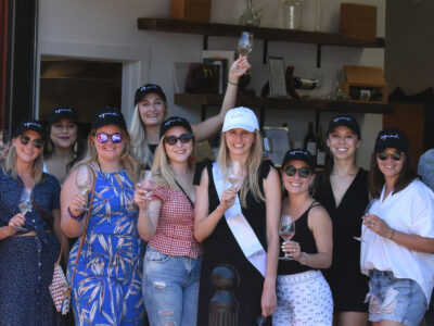 group of girls on a bachelorette party wine tasting in sonoma county