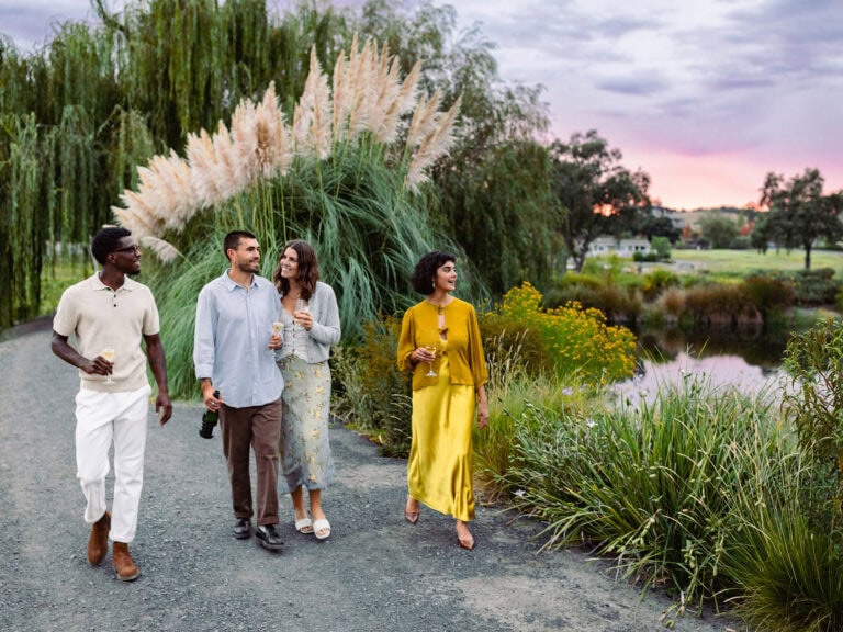 group of friends walking through the winery at bricoleur in sonoma county