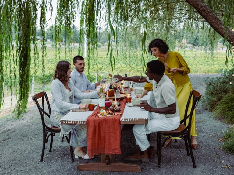 group of people having a food and wine pairing at bricoleur vineyards in windsor sonoma county