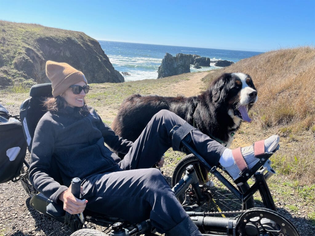 visitor in a wheelchair with her service dog in sonoma county