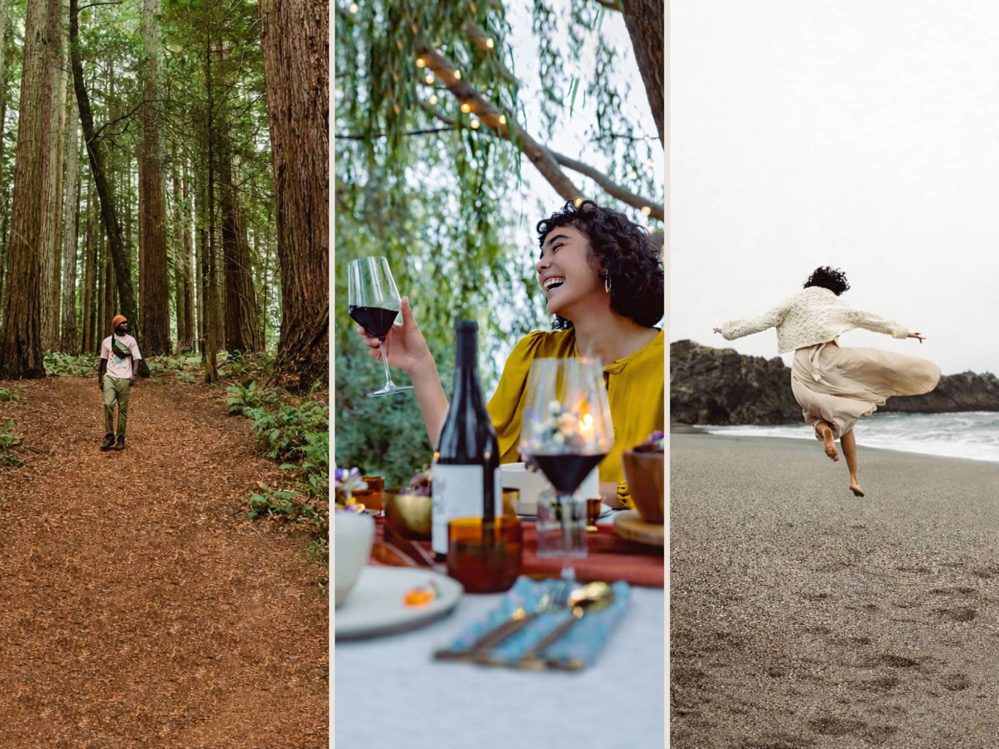 sonoma county drinking wine, walking through the redwoods and skipping on the beach