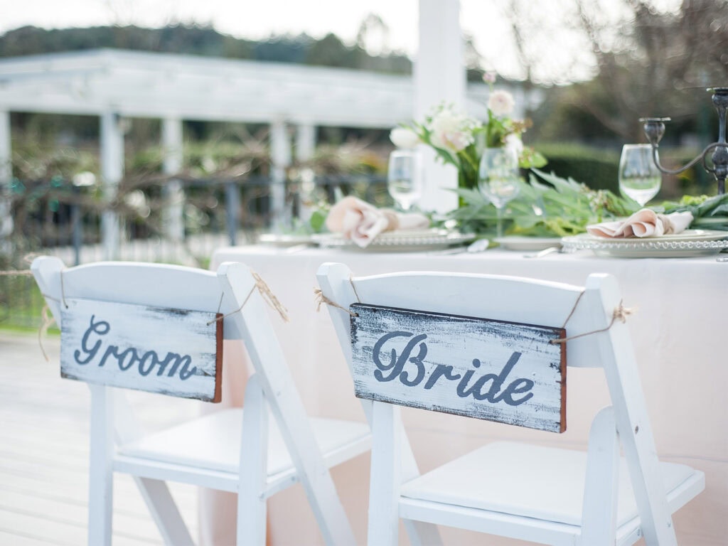 wedding setup bride and groom chairs at geyersville inn in sonoma county