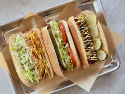 hots dogs at pomme cider in sonoma for their super sport sunday event