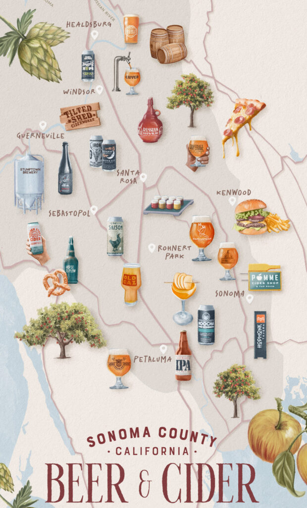 map showing some breweries and cider houses in sonoma county