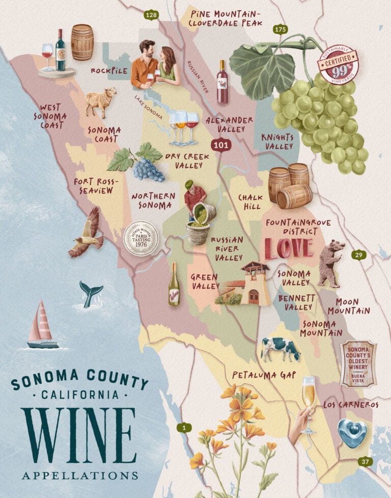 a map showcasing all 19 sonoma county avas