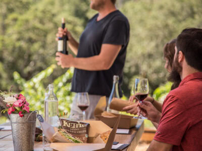 people having a wine tasting and picnic at haley vineyards and winery in healdsburg